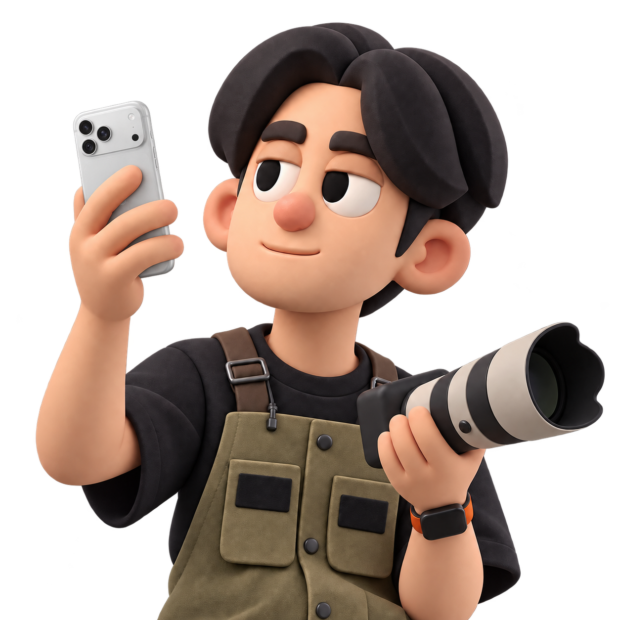 Nick 手持銀白手機與相機的半身 3D 角色插畫