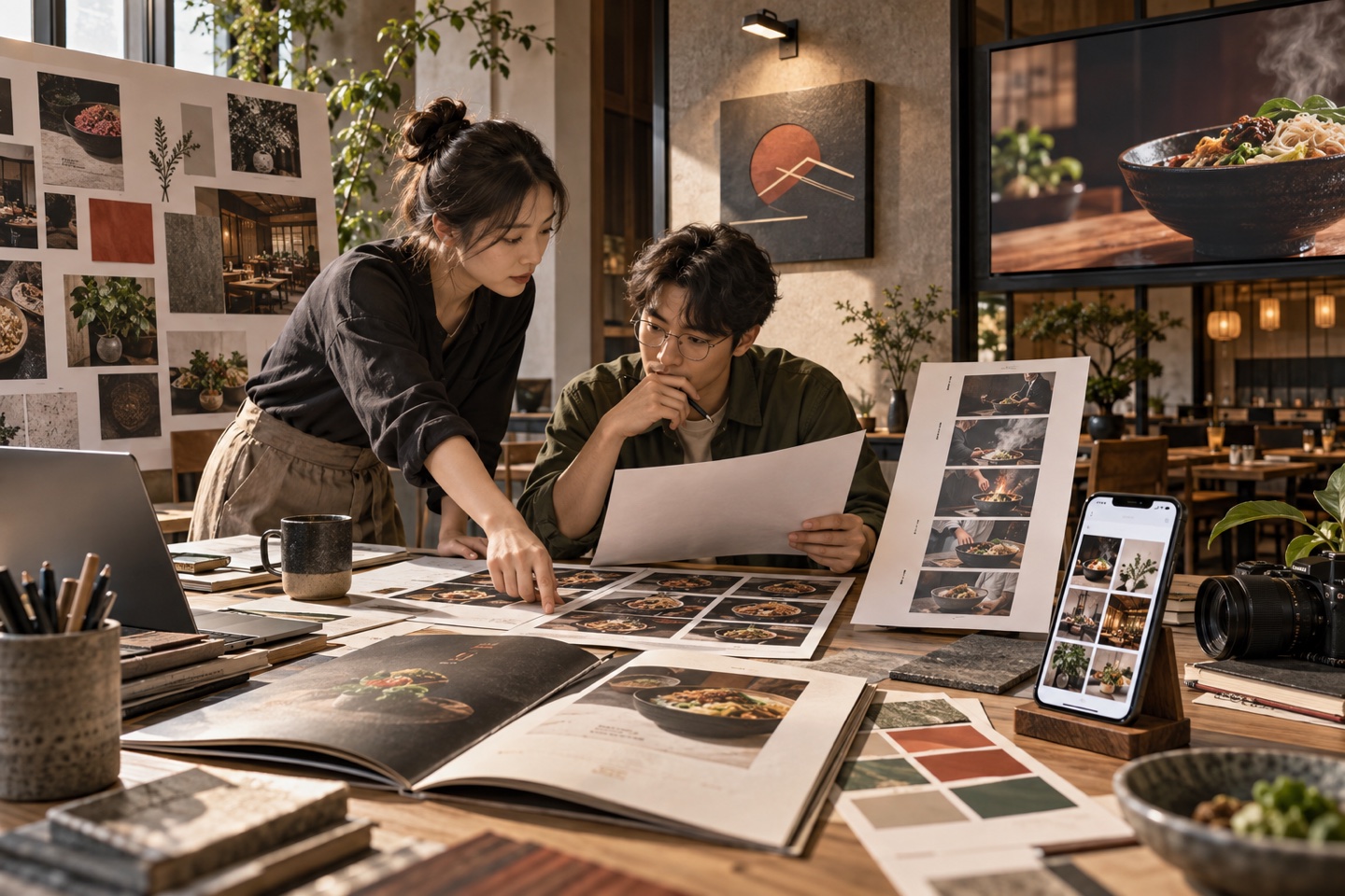 AI 情境示意:餐飲品牌同時面對菜單、社群、短影片、牆面與店內螢幕等多種視覺工作。