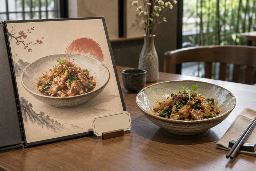 AI 情境示意:菜單上的理想化料理畫面與實際上桌餐點並置