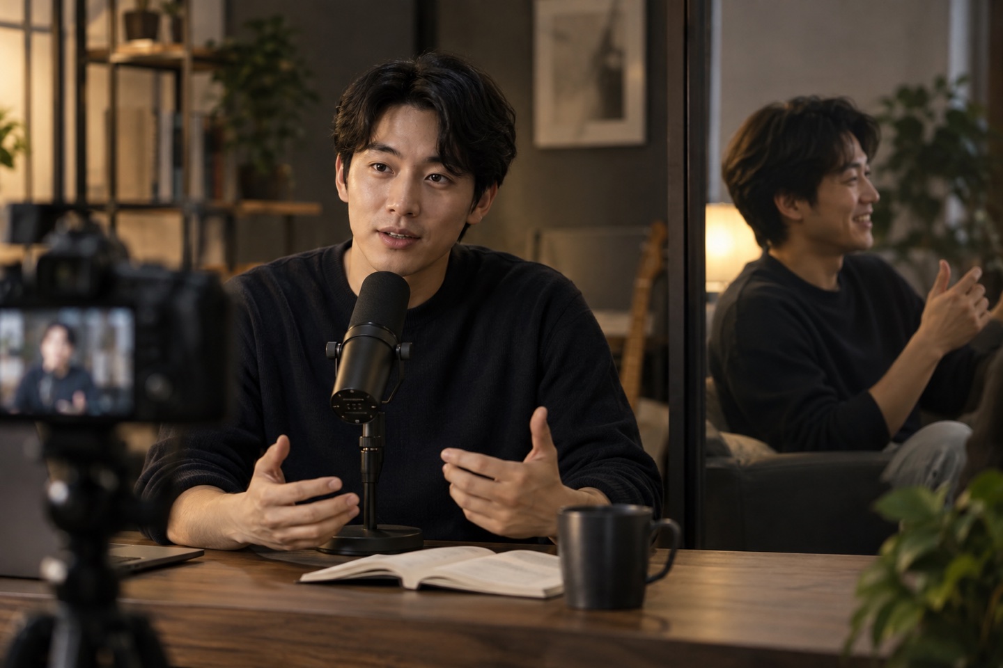 AI 情境示意:同一位創作者在鏡頭前與日常工作中使用不同語氣,但保有一致的核心價值。