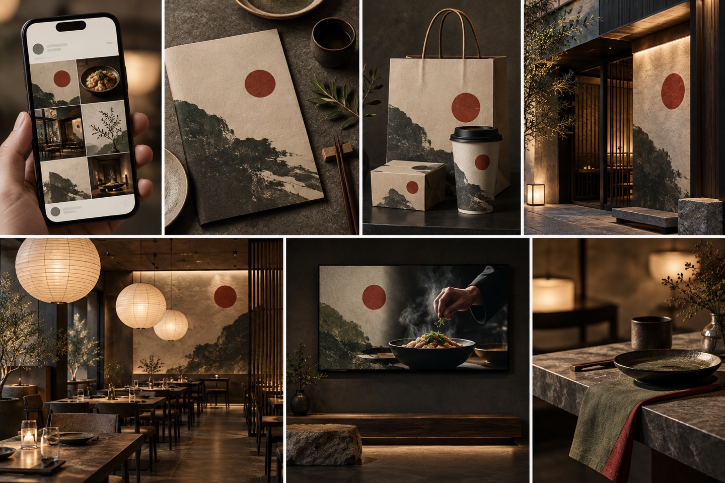 AI 情境示意:同一個餐飲品牌的數位內容、印刷品、店內螢幕與空間視覺形成一致的小宇宙。