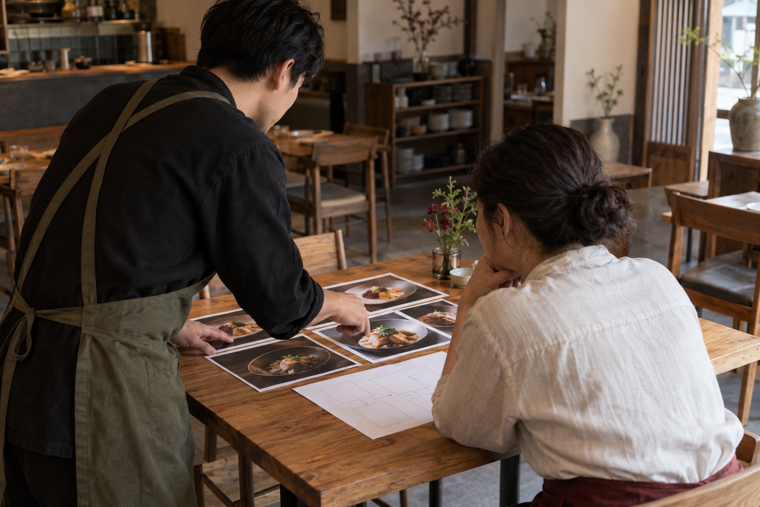 AI 情境示意:創作者直接向餐廳經營者說明企劃,讓合作關係與口碑回到自己身上。