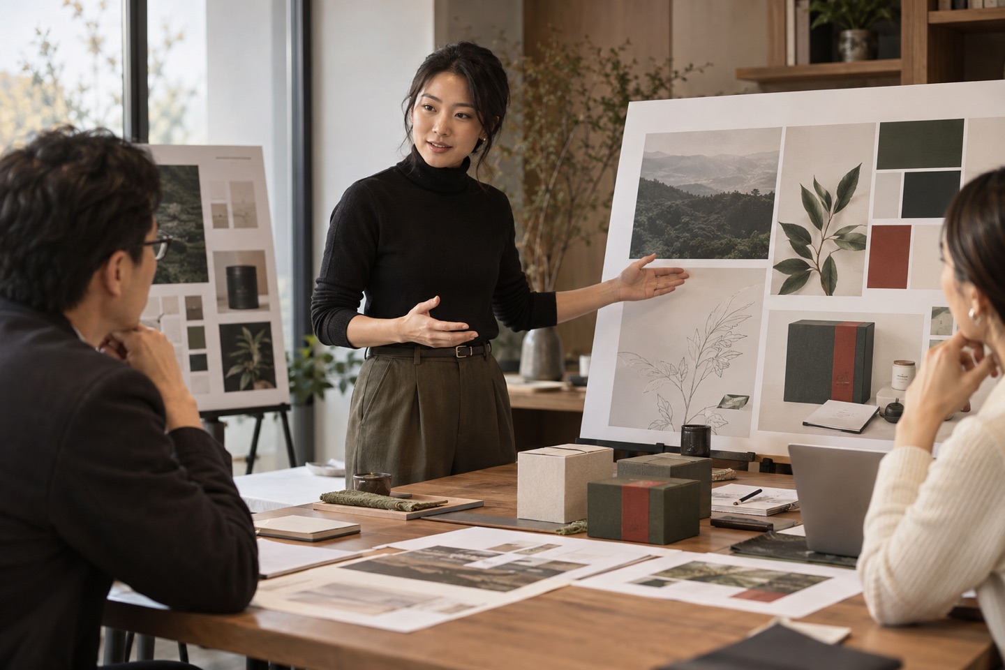 AI 情境示意:設計師自信地向客戶展示完整品牌提案,理性說明創意價值。