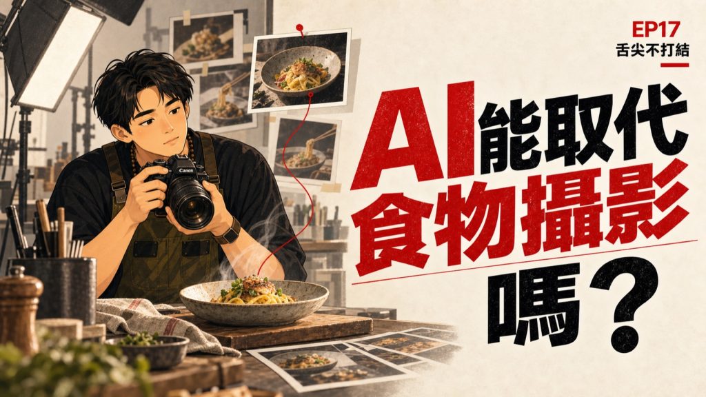 EP17 個人形象插畫封面:Nick 手持相機觀察料理,標題為 AI 能取代食物攝影嗎?