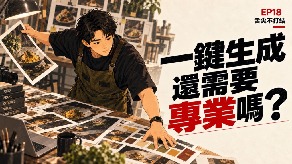 EP18 個人形象插畫封面:Nick 前傾攤開圖稿,標題為一鍵生成還需要專業嗎?