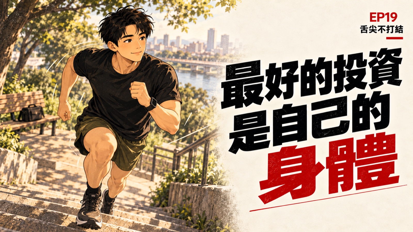 EP19 個人形象插畫封面:Nick 在戶外跑階梯,標題為最好的投資是自己的身體