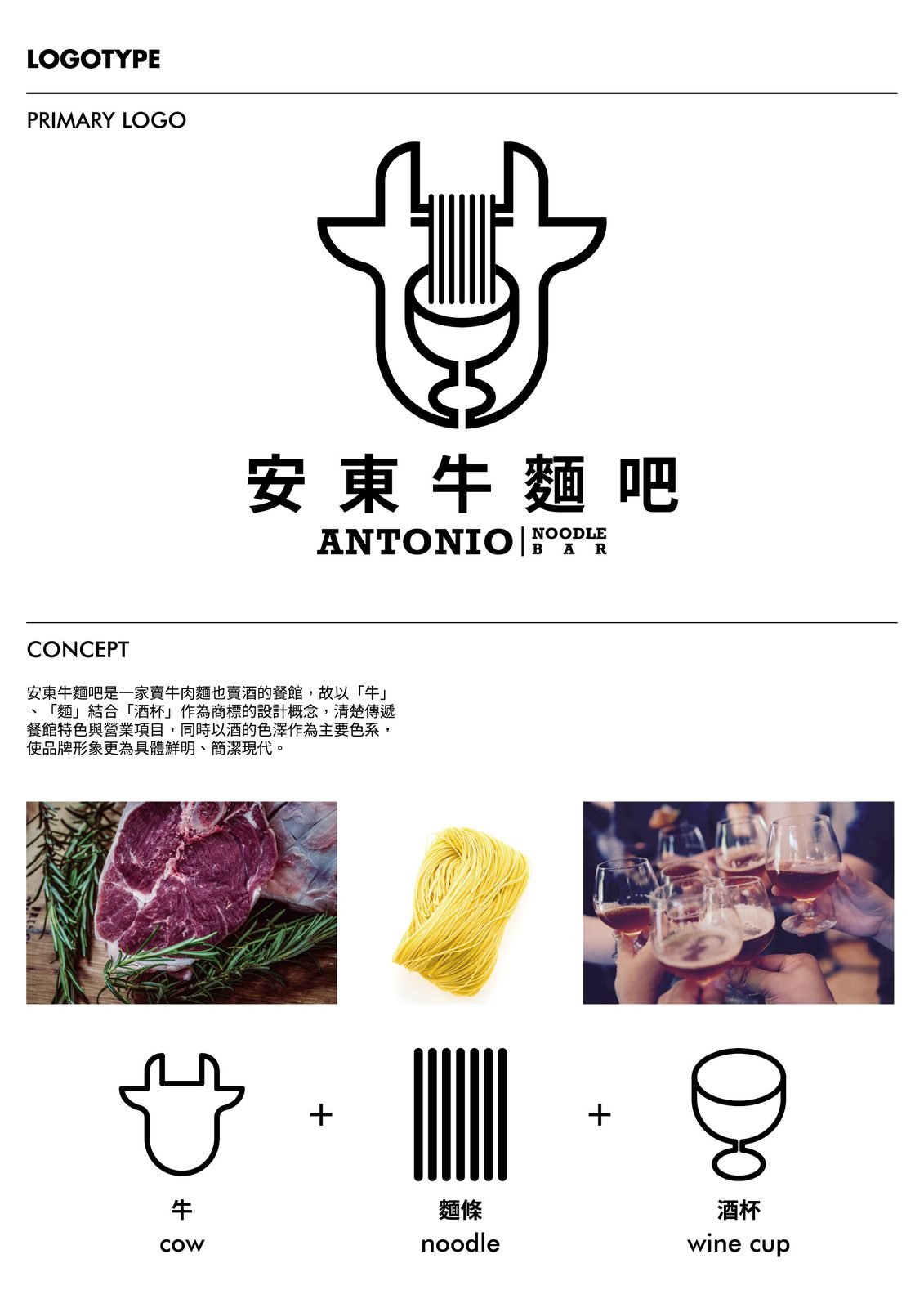 牛、麵條與酒杯構成的安東標誌設計提案