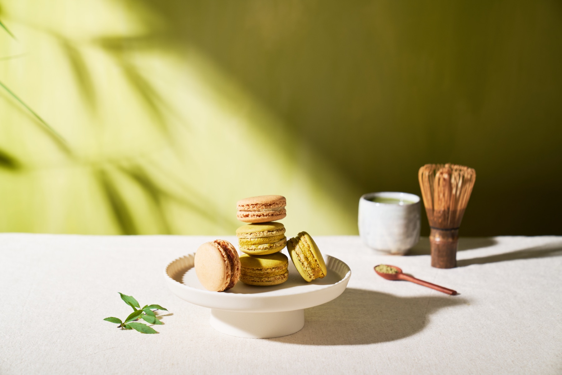 黃綠背景上的馬卡龍、茶碗與茶筅